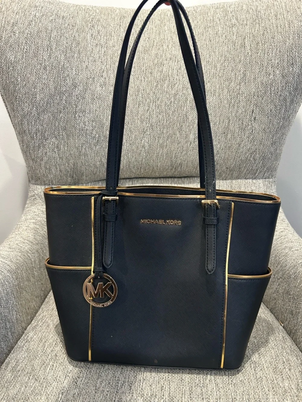 Michael Kors Black Saffiano Leather Tote with Gold Trim
